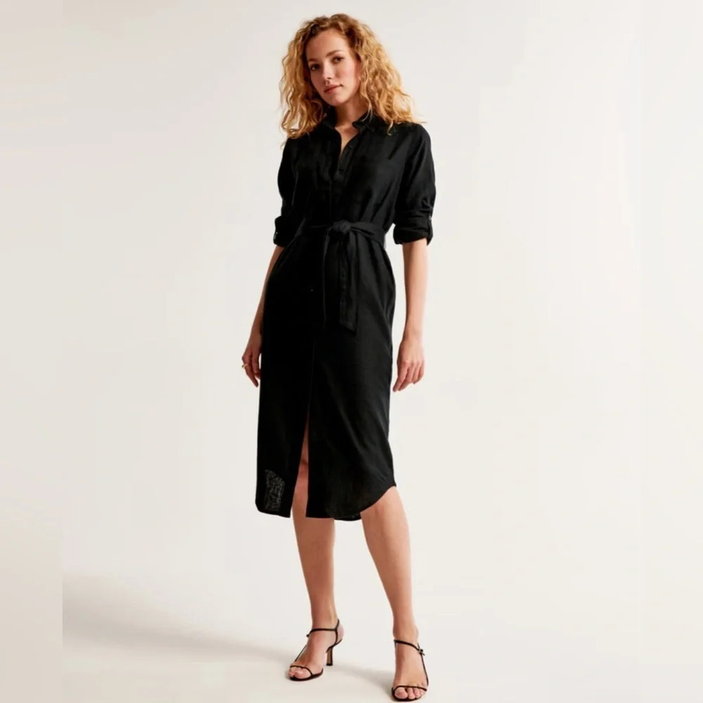 NWT Abercrombie & Fitch Linen-Blend Midi Shirt Dress in Black Size Medium Petite - Picture 2 of 9